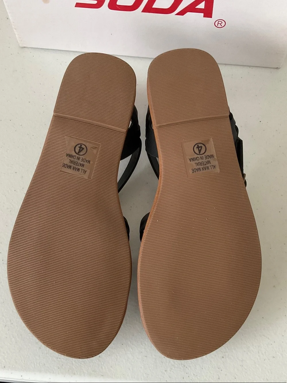 SODA Black Strappy Ankle Sandals with Tan Footbed